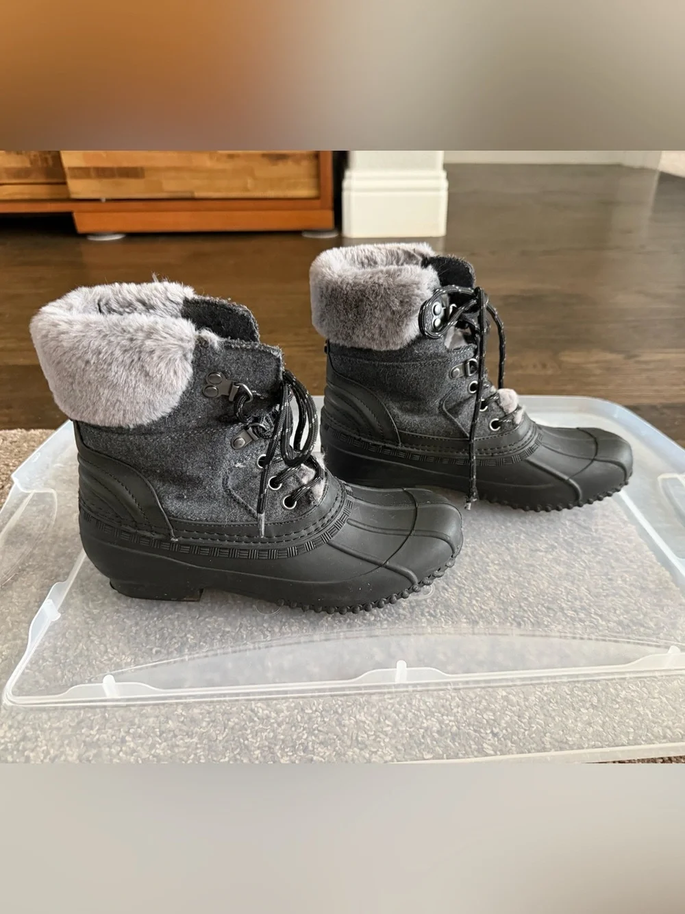 Tommy Hilfiger Black Winter Rain Boots with Gray Faux Fur Cuff